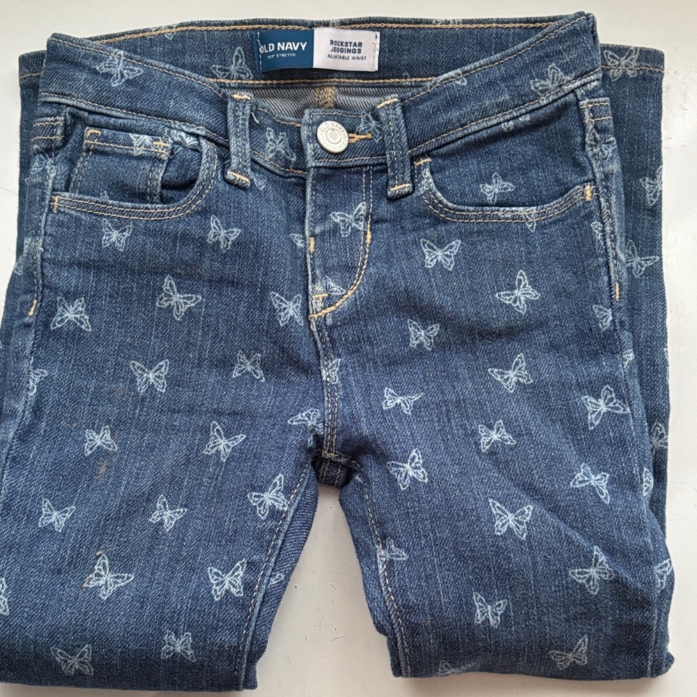 Old Navy 5T Girls Dark Blue Skinny Jeans with White Butterfly Print